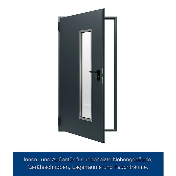 Hörmann Mehrzwecktür mit Lichtausschnitt - 87,5 x 200 cm, DIN Anschlag: Links/Rechts, Anthrazitgrau - Graue Außentür mit rechteckigem Fenster für unbeheizte Nebengebäude, Geräteschuppen und Lagerräume.