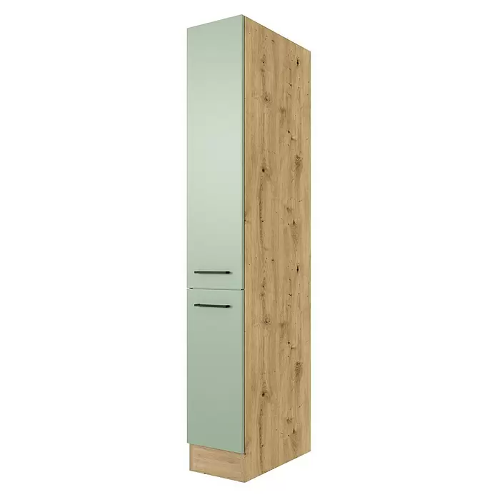 Flex-Well Cara Demi-Apothekerschrank - B x T x H: 30 x 57 x 200 cm, Grün - Hoher Schrank mit zwei hellgrünen Matt-Türen und dunklen Griffen, kombiniert mit heller Holzmaserung an Seite und Sockel.