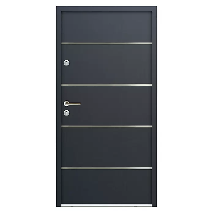 FM Türen Nebeneingangstür N68-02 - 100 x 200 cm, DIN Anschlag: Links, Anthrazit - Moderne dunkelgraue Tür mit horizontalen Silberstreifen, silbernem Griff und zwei Schlüssellöchern.