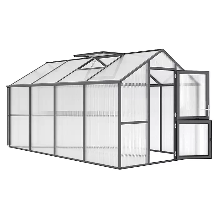 KGT Gewächshaus Iris IV - Außenmaß inkl. Dachüberstand (B x T): 233 x 429 cm, Material Seitenwand: Kunststoff, Anthrazit-grau - Modernes Gewächshaus mit grauem Rahmen, lichtdurchlässigen Paneelen, geöffnetem Dachfenster und geöffneten Doppeltüren.