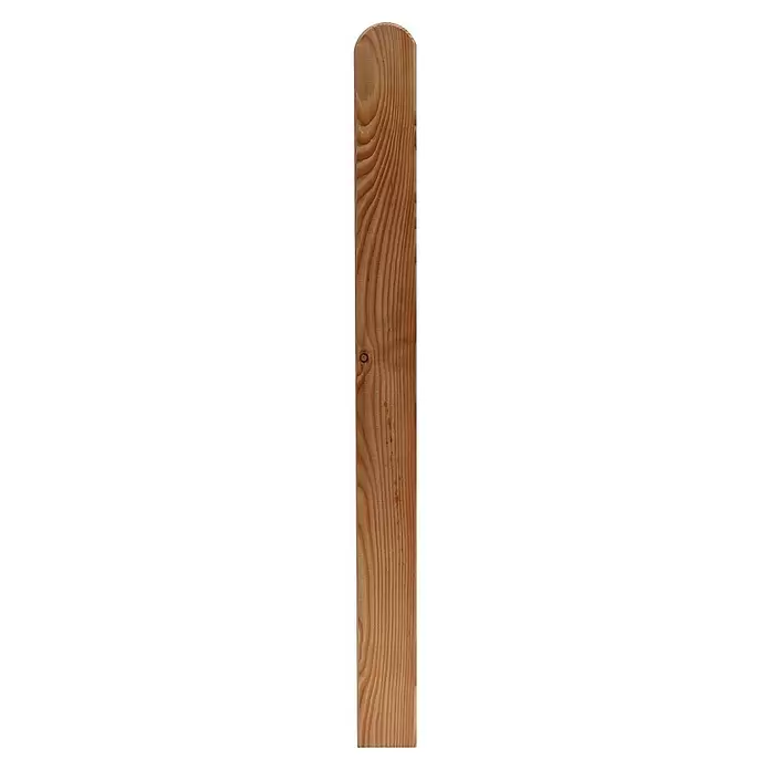 Joda Holzpfosten - Länge: 120 cm, Lärche, Rundkopf - Langes, hellbraunes Holzbrett mit natürlicher Maserung und Astloch, oben abgerundet.