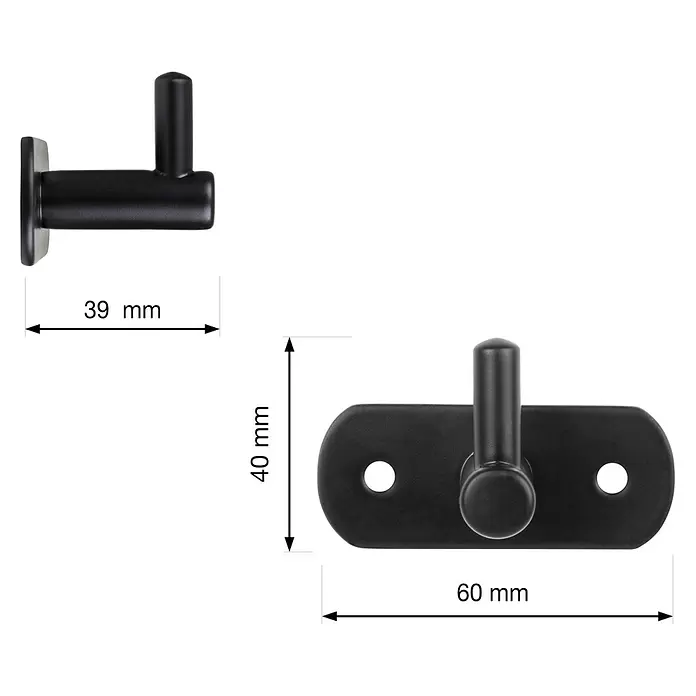 Walteco Garderobenhaken - L x B x H: 40 x 60 x 39 mm, Anzahl Haken: 1 Stk., Mattschwarz - Schwarzer Metall-Wandhaken mit flacher Montageplatte und nach oben zeigendem zylindrischem Stift. Maße abgebildet.