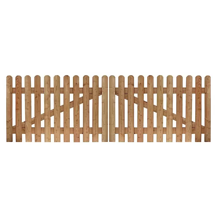 Joda Zauntor Flensburg - 300 x 100 cm, Holz - Hellbrauner Holzzaun mit abgerundeten Latten und diagonalen Streben.