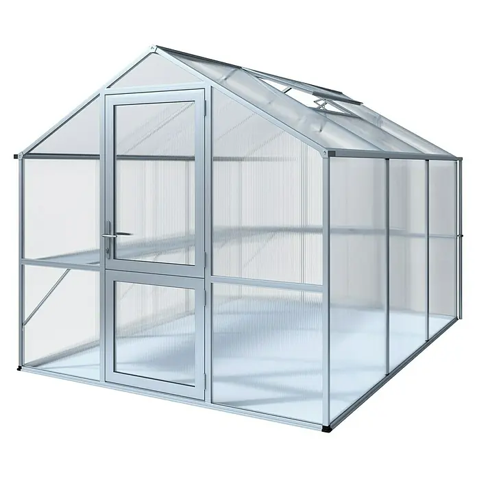 KGT Gewächshaus Rose III - Außenmaß inkl. Dachüberstand (B x T): 233 x 323 cm, 10 mm, Pressblank - Ansicht eines Gewächshauses mit Tür und Fenster zur Belüftung. Das Gewächshaus ist aus Aluminium und transparentem Kunststoff gefertigt.