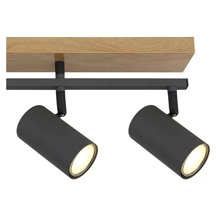 Globo Robby LED-Deckenleuchte - 35 W, L x B x H: 70 x 35 x 17 cm, Graphit, Holz - Zwei dunkelgraue Strahler an einer Schiene, montiert unter einer hellen Holzplatte.