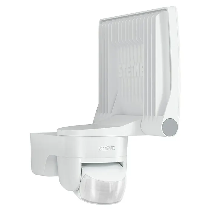 Steinel LED-Sensor-Strahler XLED home 2 S weiß - 13,7 W, L x B x H: 161 x 180 x 218 mm, Weiß, IP44 - Nahaufnahme einer weißen Steinel-Außenleuchte mit Bewegungsmelder, ideal zur Beleuchtung von Außenbereichen und zur Erhöhung der Sicherheit.