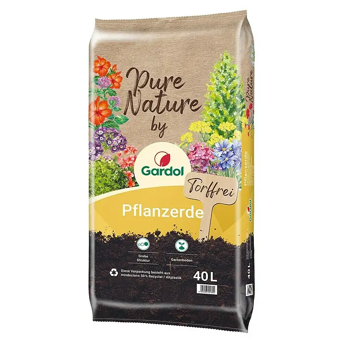 Gardol Pure Nature Pflanzerde - 40 l, Torffrei - Eine 40-Liter-Packung Gardol Pure Nature torffreie Pflanzerde mit dem Hinweis auf grobe Struktur und Gartenerde.