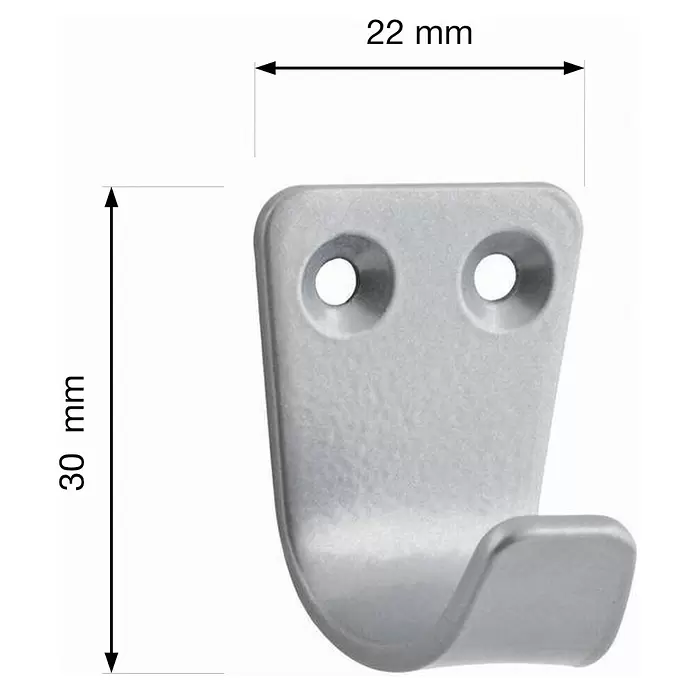 Walteco Garderobenhaken Klein - L x B x H: 30 x 22 x 23 mm, Anzahl Haken: 1 Stk., Verchromt matt - Silberfarbener Metallhaken mit zwei Schraubenlöchern, 22 mm breit und 30 mm hoch.