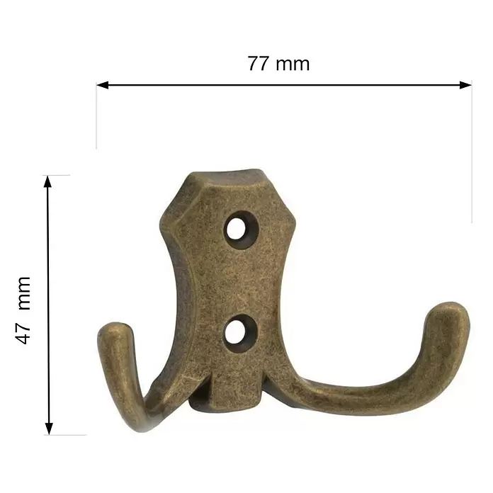 Walteco Garderobenhaken Romana II - L x B x H: 77 x 47 x 30 mm, Anzahl Haken: 2 Stk., Brüniert - Antiker Messing Doppel-Kleiderhaken, 77mm breit, 47mm hoch.