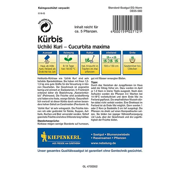 Kiepenkerl Profi-Line Gemüsesamen Kürbis Uchiki Kuri 2712 - Cucurbita moschata, Erntezeit: September - Samenpackung für Kürbis Uchiki Kuri, ideal für den Anbau im Haus ab April oder im Freien ab Ende Mai bis Juni.