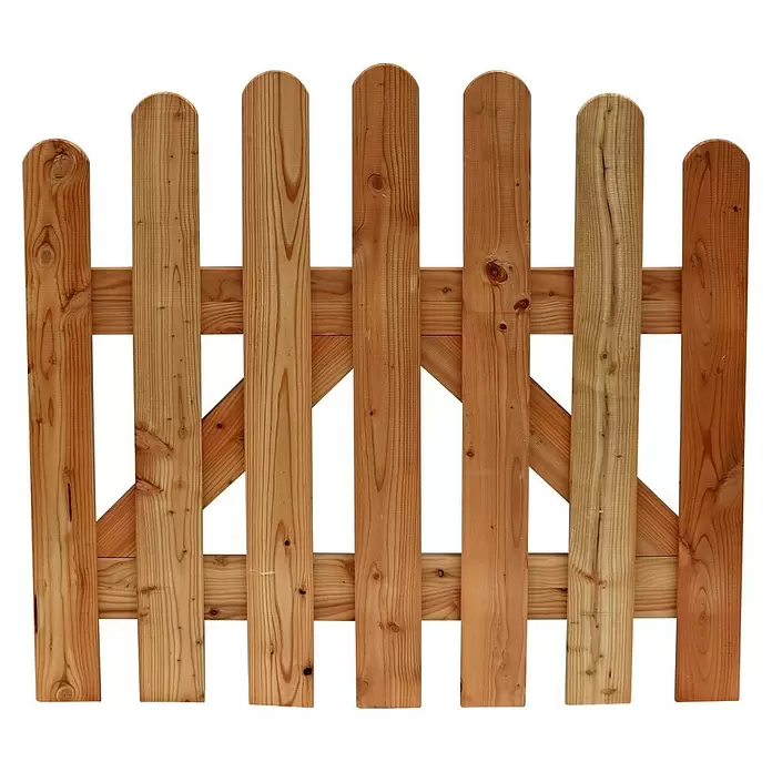 Joda Zauntor Hamburg - Holz - Helles braunes Holztor mit vertikalen Latten und horizontalen/diagonalen Streben.