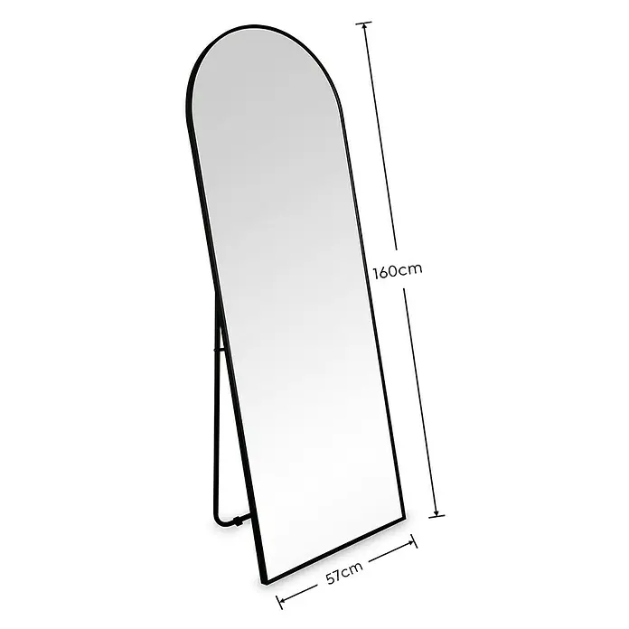 Standspiegel Mira - 57 x 160 cm, Schwarz, Metall - Ein schlanker, schwarzer Standspiegel mit abgerundeter Oberseite und den Maßen 160 cm Höhe und 57 cm Breite.