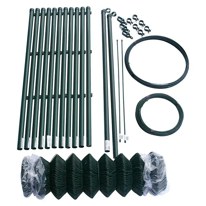 Hadra Maschendrahtzaun-Set25 x 2 m, Drahtstärke: 2,8 mm, Grün, Beschichtet - Produktdarstellung eines grünen Metall-Gartenzauns, bestehend aus Paneelen, Stäben, Ringen und Befestigungsmaterialien für den Gartenbau.