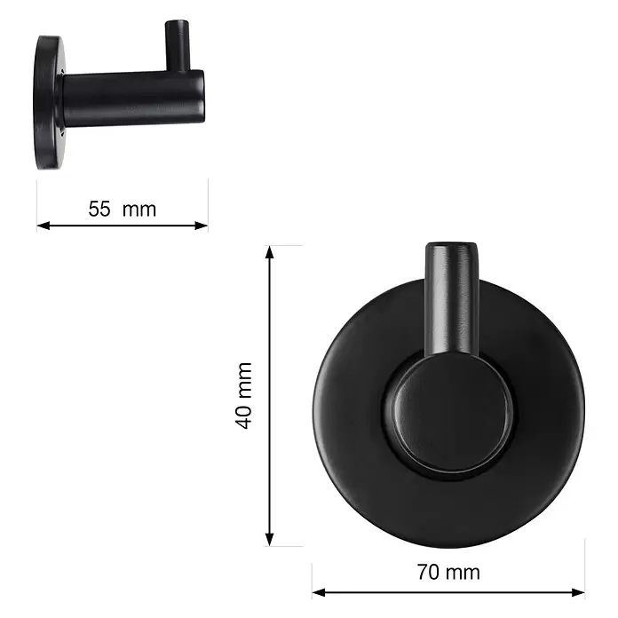 Walteco Garderobenhaken - L x B x H: 40 x 70 x 55 mm, Anzahl Haken: 1 Stk., Mattschwarz - Schwarzer Wandhaken mit runder Basis und aufrechtem zylindrischem Haken. Maße: 55x70 mm, Hakenhöhe 40 mm.