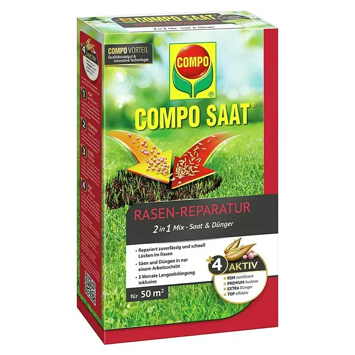 Compo Saat Rasensamen Reparatur-Mix - 1,2 kg, 50 m² - COMPO SAAT Rasen-Reparatur 2-in-1 Mix Box für 50m², mit Saatgut und Dünger.