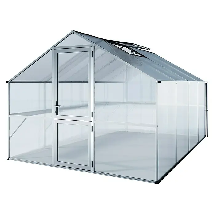 KGT Gewächshaus Orchidee IV - Außenmaß inkl. Dachüberstand (B x T): 297 x 429 cm, 10 mm, Pressblank - Das Bild zeigt ein Gewächshaus mit einem Aluminiumrahmen und transparenten Paneelen. Es verfügt über eine Tür und ein Fenster im Dach zur Belüftung.