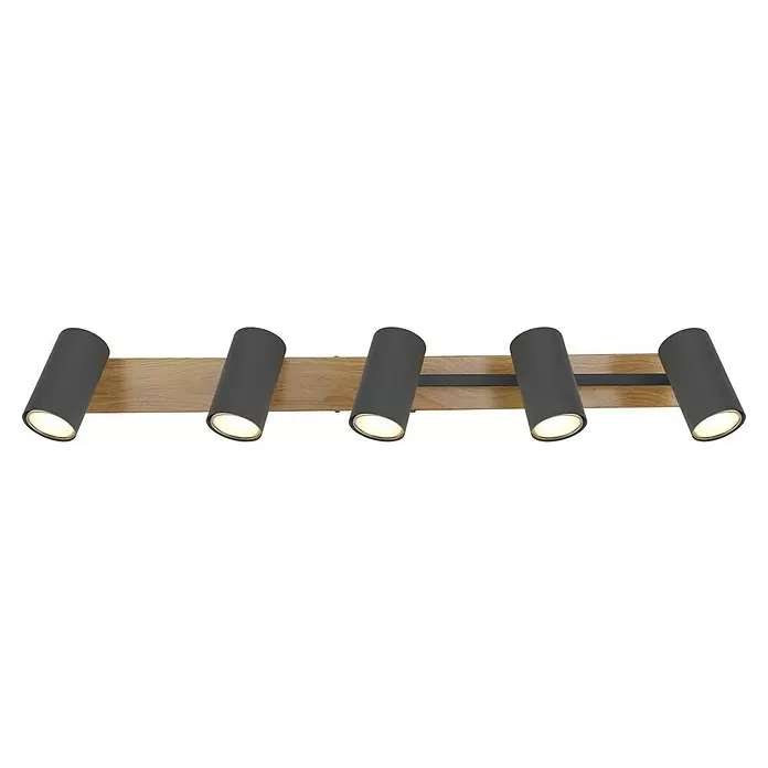 Globo Robby LED-Deckenleuchte - 35 W, L x B x H: 70 x 35 x 17 cm, Graphit, Holz - Fünf dunkelgraue zylindrische Strahler auf einer hellen Holzleiste, warmweißes Licht abgebend.