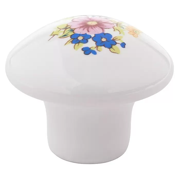 Walteco Möbelknopf Blumen I - Durchmesser: 35 mm, Porzellan, Weiß - Weißer Keramik-Möbelknauf mit lebhaftem Blumenmuster in Rosa, Blau und Gelb.