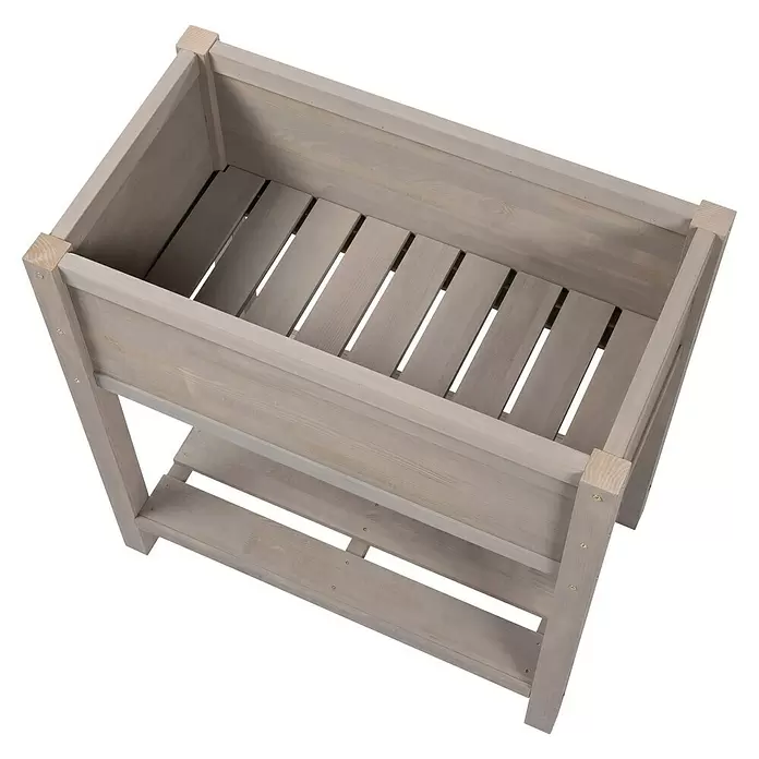 Sun Hochbeet Bloom 80 - 80 x 45 x 85 cm, Holz, Warmgrau - Helles graues Hochbeet aus Holz mit Lattenrostboden und einer unteren Ablagefläche.