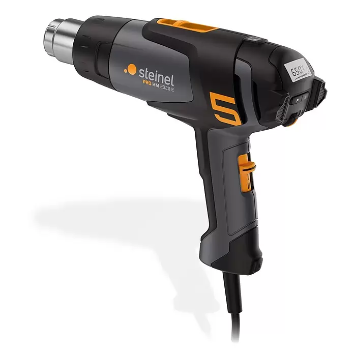 Steinel Heißluftgebläse HM 2320 E KF - 2.300 W, Temperaturbereich: 80 °C - 650 °C - Professionelle Steinel Heißluftpistole, schwarz/dunkelgrau mit orangefarbenen Akzenten, silberner Düse, Digitalanzeige mit 650°C.