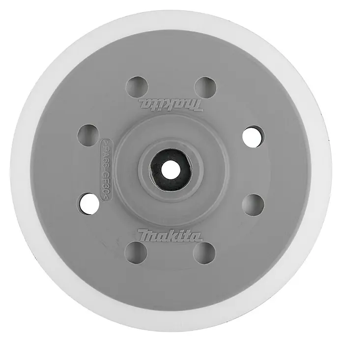 Makita Schleifscheibe Superweich 196686-7 - Durchmesser: 150 mm, Passend für: Makita Exzenterschleifer 6030 und 6040 - Abbildung eines Makita Polieraufsatzes mit einer weißen Polierscheibe und einer grauen Trägerplatte mit Löchern.