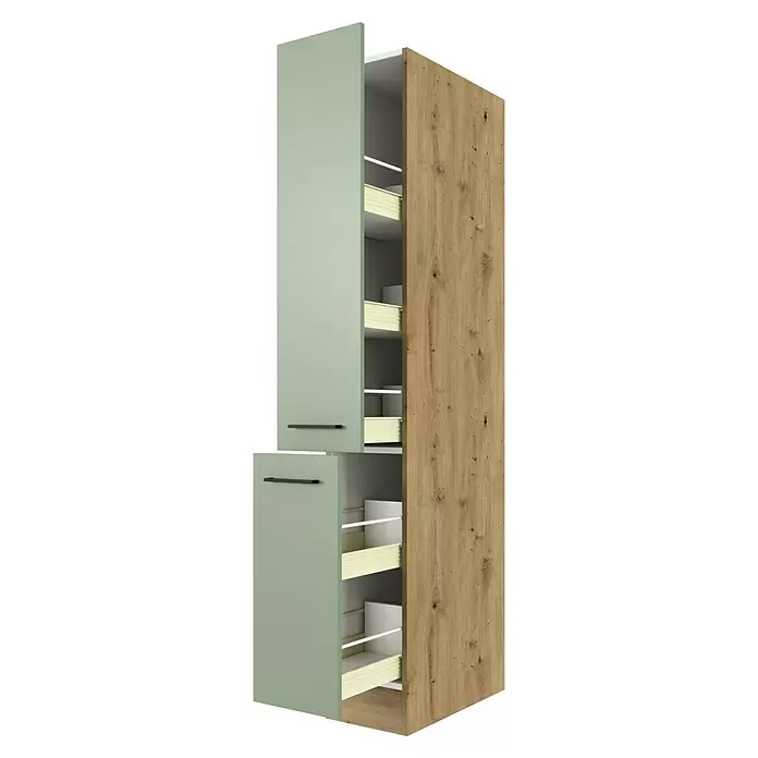 Flex-Well Cara Demi-Apothekerschrank - B x T x H: 30 x 57 x 200 cm, Grün - Hoher Holz-Vorratsschrank mit offenen hellgrünen Türen, die hellgelbe Auszugskörbe zeigen.