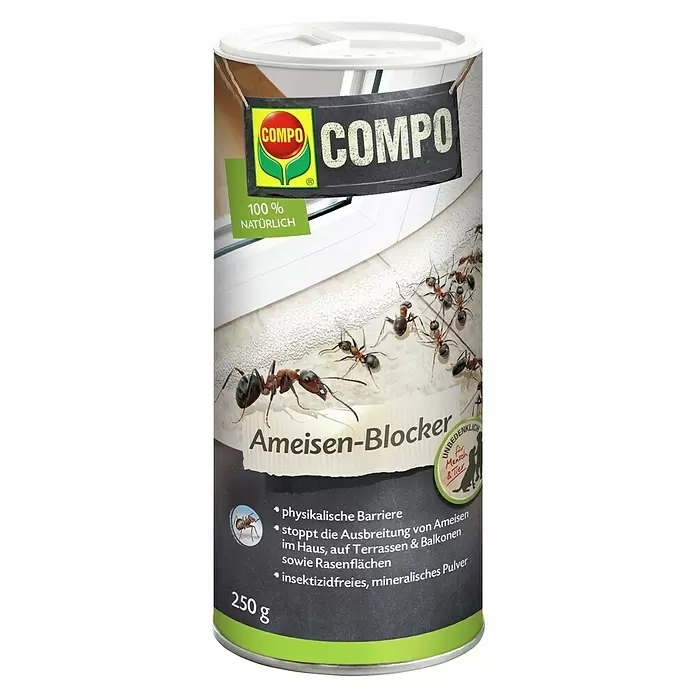 Compo Ameisen-Mittel Blocker - 250 g - COMPO Ameisen-Blocker Pulver in zylindrischem Behälter, 250g. Natürliches, insektizidfreies Mineralpulver als physische Ameisenbarriere.
