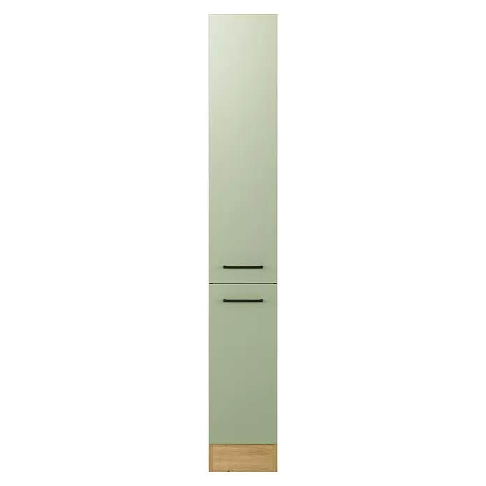 Flex-Well Cara Demi-Apothekerschrank - B x T x H: 30 x 57 x 200 cm, Grün - Hoher hellgrüner Schrank mit zwei horizontalen schwarzen Griffen und einem hellen Holzsockel.
