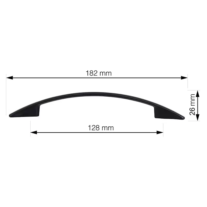 Walteco Möbelgriff Nevada - Lochabstand: 128 mm, Sonstige, Schwarz matt - Schwarzer gebogener Möbelgriff, 182mm Gesamtlänge, 128mm Lochabstand, 26mm Höhe.