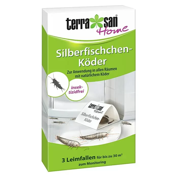 Terrasan Silberfischköder - 3 Stk. - Weiße und grüne terrasan Home Silberfischchen-Köderbox, zeigt offene Leimfalle mit Silberfischen.