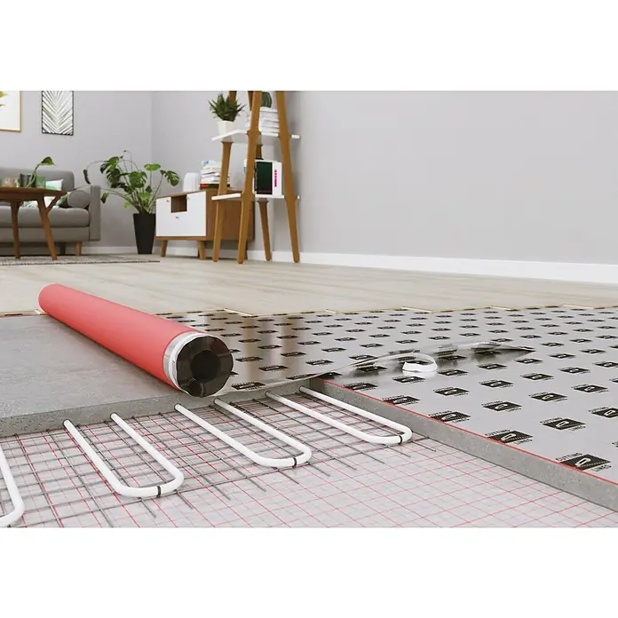 LOGOCLIC Dämmunterlage Expert Heat Aquastop10 m², Stärke: 1,5 mm - Darstellung einer Fußbodenheizung mit Dämmplatten. Die innovative Heizlösung sorgt für angenehme Wärme und Energieeffizienz im Haus.