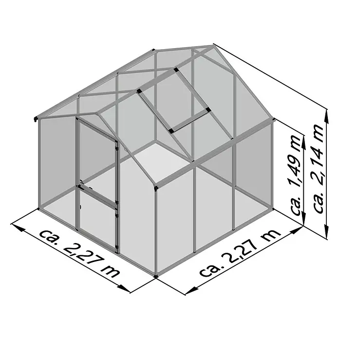 KGT Gewächshaus Callas III - Außenmaß inkl. Dachüberstand (B x T): 227 x 227 cm, 6 mm, Silber - Bild eines Gewächshauses mit Abmessungen von ca. 2,27 m x 2,27 m Grundfläche, ca. 1,49 m Seitenhöhe und ca. 2,14 m Gesamthöhe.
