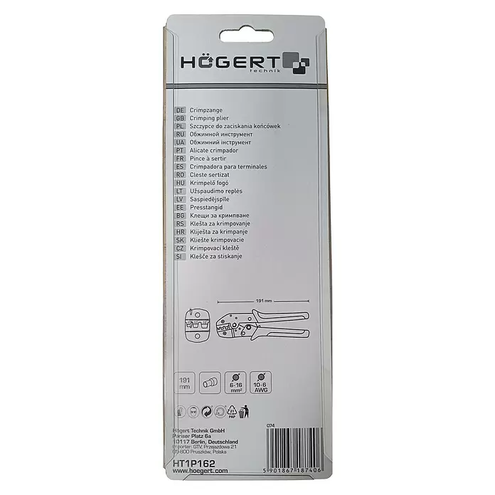 Crimpzange für Aderendhülsen - Blau/Schwarz - Högert Technik HT1P162 Crimpzange, 191mm, für 6-16mm² / 10-6 AWG Kabel.