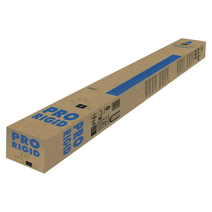 LOGOCLIC Dämmunterlage ProRigid - 6 m², Stärke: 1 mm - Eine längliche, beigefarbene Verpackung von Pro Rigid Bodenbelägen. Aufgedruckt sind Logos und Produktinformationen.