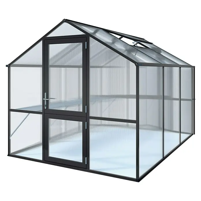 KGT Gewächshaus Rose III - Außenmaß inkl. Dachüberstand (B x T): 233 x 323 cm, 10 mm, Anthrazitgrau - Bild eines Gewächshauses mit Dachfenster und Tür. Das Gewächshaus ist mit einem schwarzen Rahmen und transparenten Paneelen ausgestattet.
