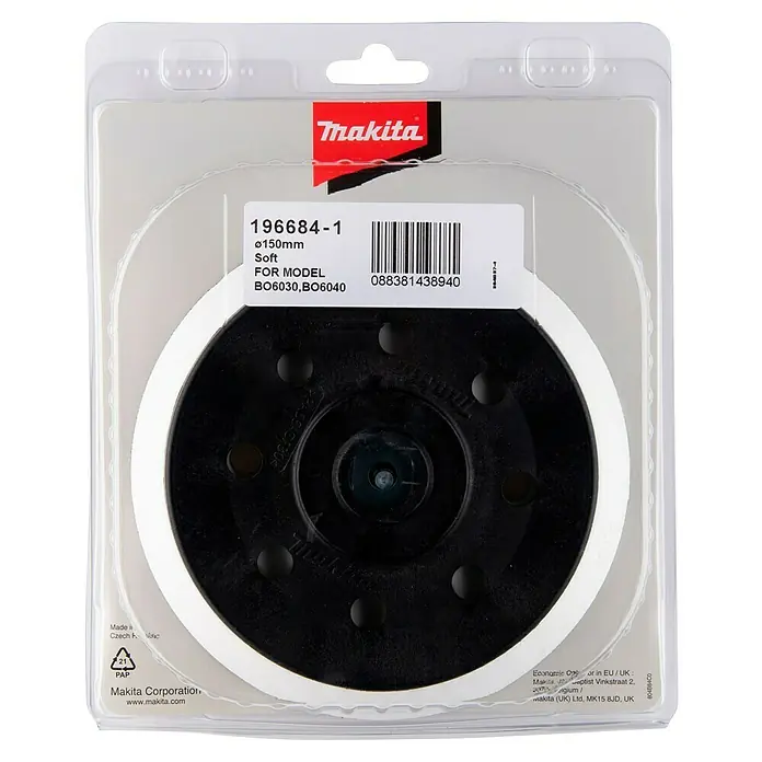 Makita Schleifteller Weich 196684-1 - Durchmesser: 150 mm, Passend für: Makita Exzenterschleifer 6030 und 6040 - Produktabbildung: Makita 196684-1 Schleifteller, 150mm Durchmesser, weiche Ausführung, passend für BO6030 und BO6040 Modelle.