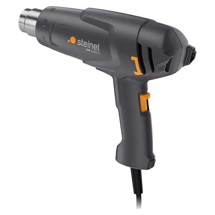 Steinel Heißluftgebläse HM 1620 S - 2.000 W, Temperaturbereich: 80 °C - 600 °C - Dunkelgraue Steinel HM 1620 S Heißluftpistole mit silberner Düse und orangefarbenen Akzenten, ein leistungsstarkes Handwerkzeug.