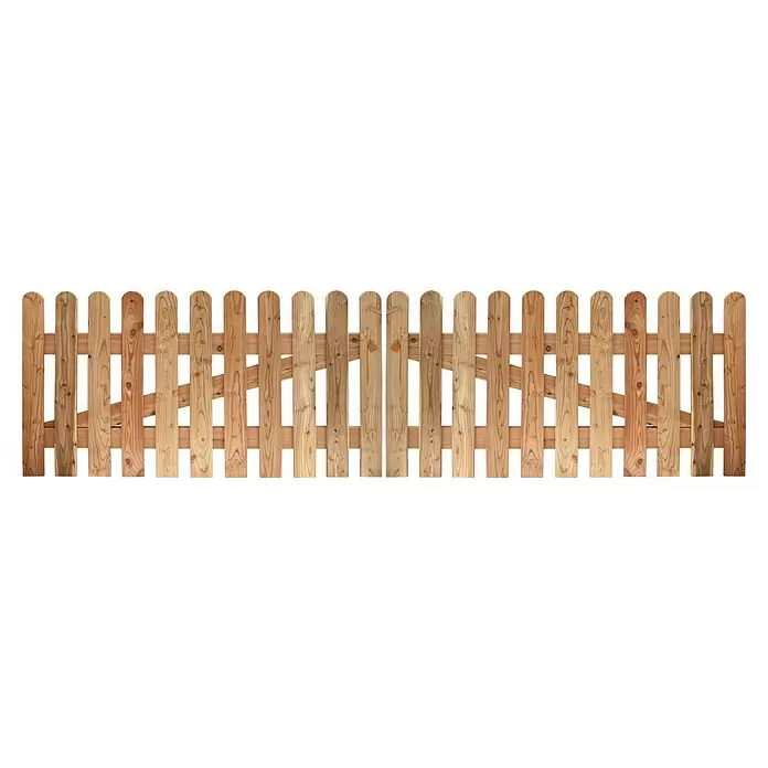 Joda Zauntor Flensburg - 300 x 80 cm, Holz - Hellbrauner Holzzaun mit abgerundeten Pfosten und diagonalen Streben.