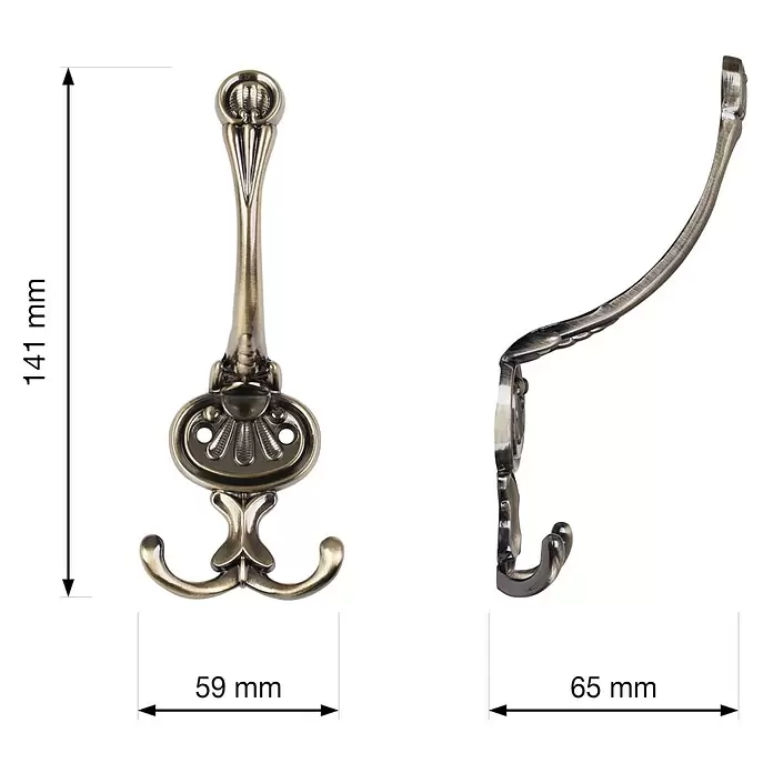 Walteco Garderobenhaken Bree I - L x B x H: 150 x 60 x 70 mm, Anzahl Haken: 3 Stk., Brüniert - Verzierter Garderobenhaken aus antikem Messing mit Doppelhaken im Vintage-Design.