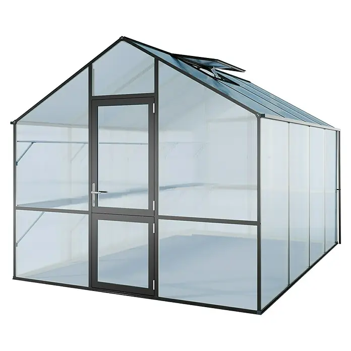 KGT Gewächshaus Lilie IV - Außenmaß inkl. Dachüberstand (B x T): 297 x 429 cm, 10 mm, Anthrazitgrau - Abbildung eines Gewächshauses mit transparenten Wänden und einem grauen Rahmen, ideal für den Gartenbau.