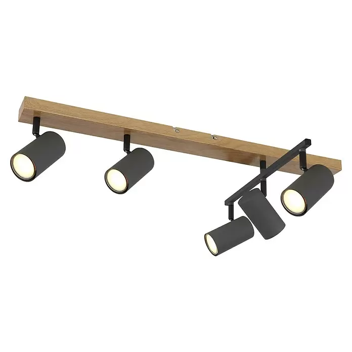 Globo Robby LED-Deckenleuchte - 35 W, L x B x H: 70 x 35 x 17 cm, Graphit, Holz - Lichtbalken aus hellem Holz mit fünf beleuchteten, dunkelgrauen zylindrischen Strahlern, teils an einem beweglichen dunklen Metallarm.