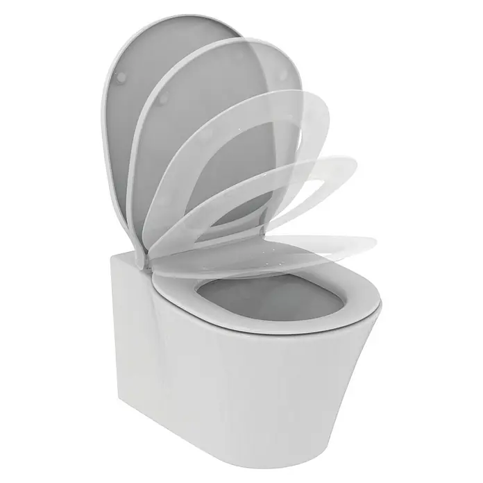 Ideal Standard Connect Air Wand-WC-Set AquaBlade - Spülrandlos, Ohne Spezialglasur, Spülform: Tief, WC Abgang: Waagerecht, Weiß - Ein weißes Wand-WC mit einem sich öffnenden Deckel in verschiedenen Positionen, isoliert auf Schwarz.