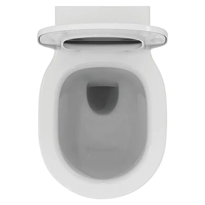 Ideal Standard Connect Air Wand-WC-Set AquaBlade - Spülrandlos, Ohne Spezialglasur, Spülform: Tief, WC Abgang: Waagerecht, Weiß - Nahaufnahme einer modernen, weißen Toilette mit leicht geöffnetem Deckel. Die Keramiktoilette hat ein schlichtes Design und ist sehr pflegeleicht.
