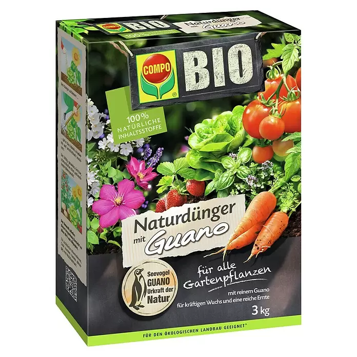 Compo Bio Gartendünger mit Guano - 3 kg - Compo BIO Naturdünger Guano Karton, 3 kg, mit Pflanzenbildern, inmitten einer lebendigen Gartenszene.