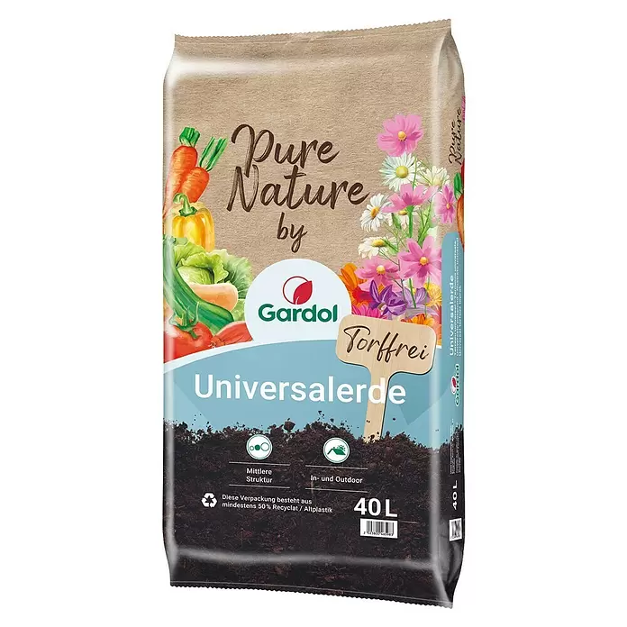 Gardol Pure Nature Universalerde - 40 l, Torffrei - Brauner Beutel Gardol Pure Nature Universalerde (torffrei), 40L, mit Gemüse- und Blumenabbildungen. Verpackung aus 50% recyceltem Plastik.
