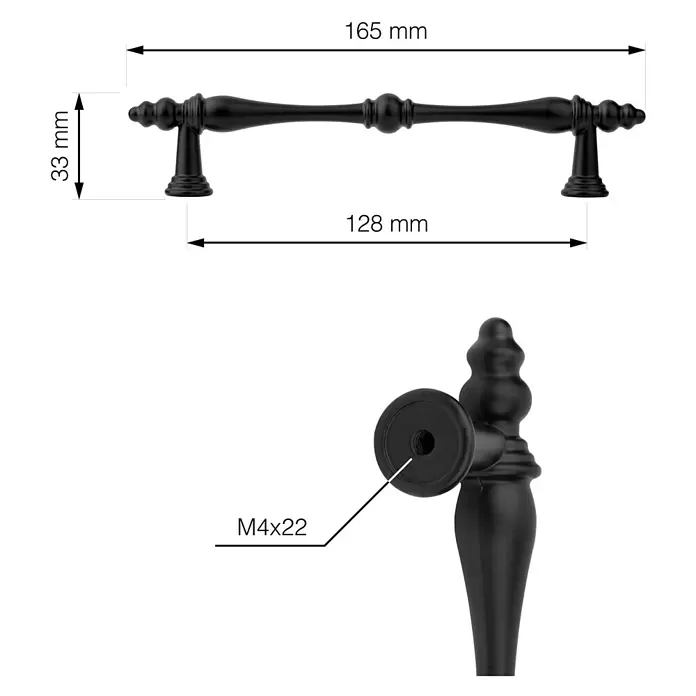 Walteco Möbelgriff Reus - Lochabstand: 128 mm, Sonstige, Schwarz matt - Schwarzer verzierter Schrankgriff mit 128mm Lochabstand, 165mm Gesamtlänge, 33mm Tiefe, M4x22 Schraube.
