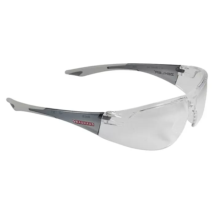 BAUHAUS Gafas de seguridad 31 HC/AF - Gris/Transparente - Gafas de seguridad de plástico transparente con patillas grises y blancas, con marcas "BAUHAUS" y "SEKLER".
