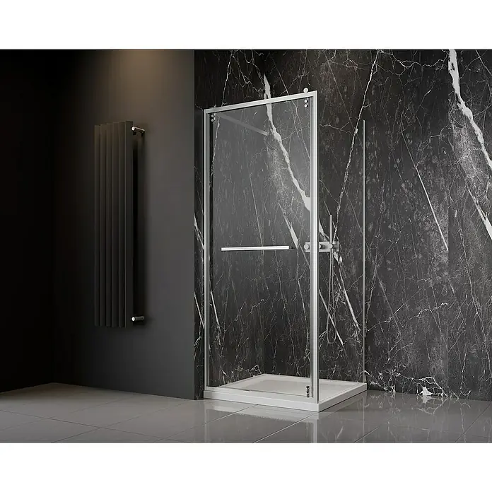 Camargue Palermo Duschwand D - B x H: 90 x 200 cm, Unbeschichtet, Transparent - Elegante Duschkabine mit klarem Glas und silbernem Rahmen vor dunklem Marmor. Ein modernes Badezimmerdesign mit stilvollem Heizkörper.