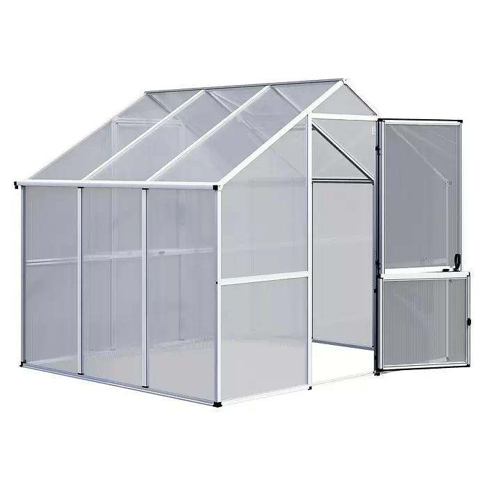 KGT Gewächshaus Enzian III - Außenmaß inkl. Dachüberstand (B x T): 267 x 227 cm, 6 mm, Silber - Ein kleines Gewächshaus mit transparenten Platten und einem weißen Aluminiumrahmen. Eine Seitentür ist geöffnet.