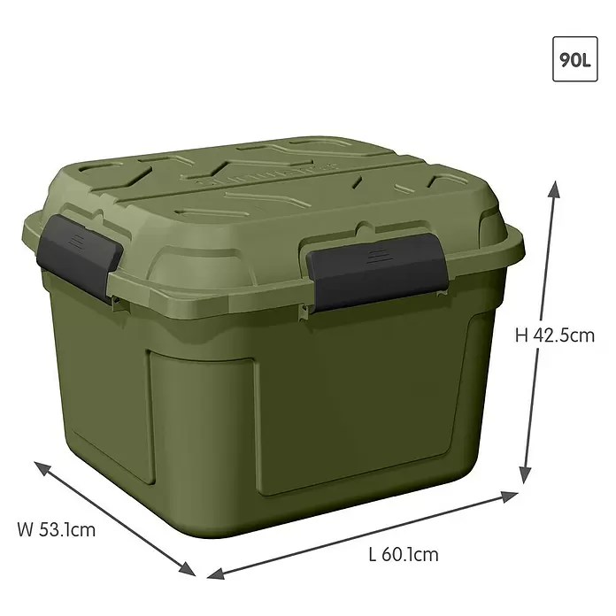 Sunware Aufbewahrungsbox Q-Line wasserdicht - L x B x H: 60,1 x 53,1 x 42,5 cm, Kunststoff, Grün - Olivgrüne 90L Aufbewahrungsbox mit schwarzen Verschlüssen, Maße (L 60,1cm, B 53,1cm, H 42,5cm) sind angegeben.